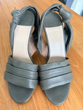 Furla Olive Green Ruched Knot Slingback Leather Sandals Size 37 Made in Italy